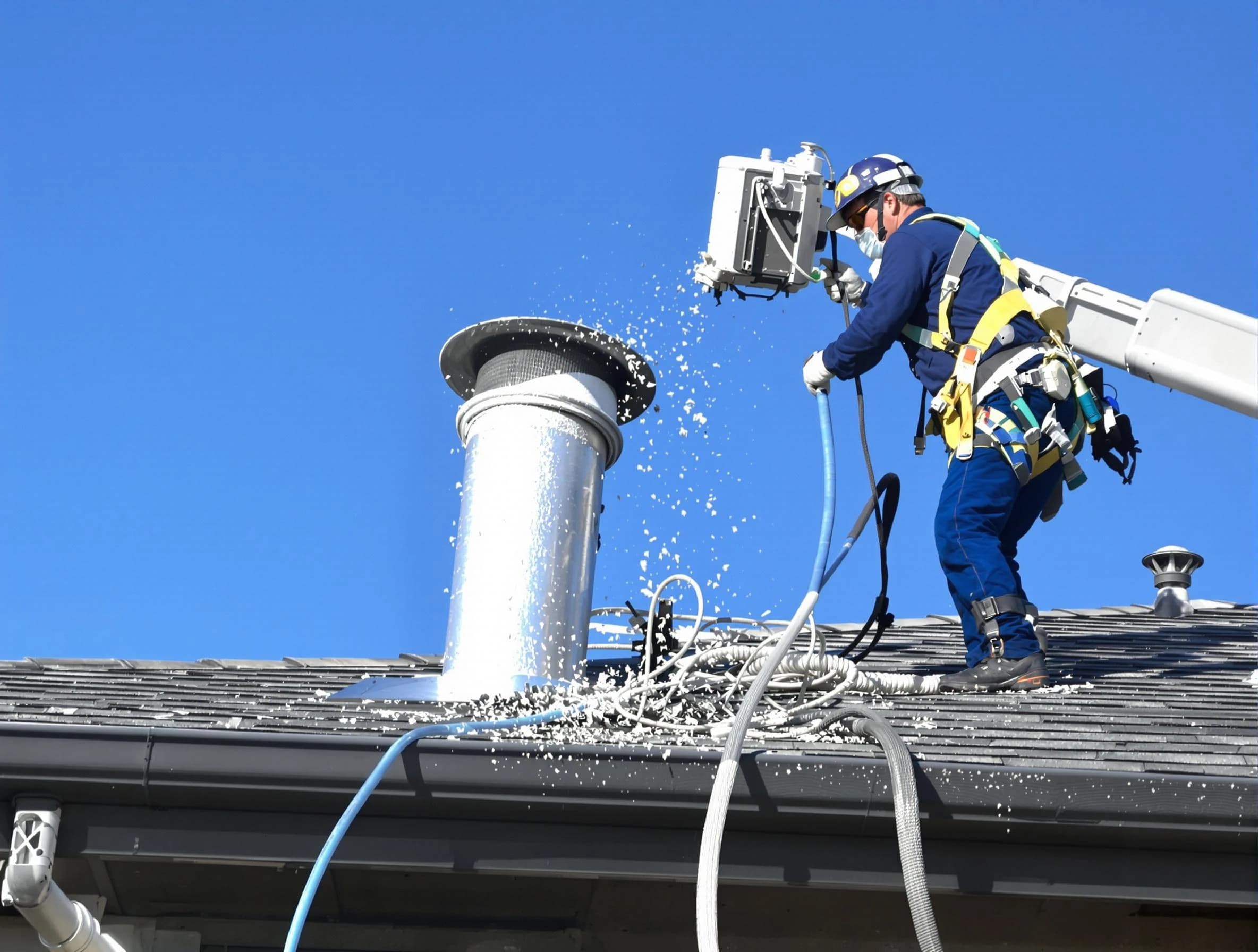 Fullerton Dryer Vent Cleaning certified technician safely cleaning a roof-mounted dryer vent in Fullerton