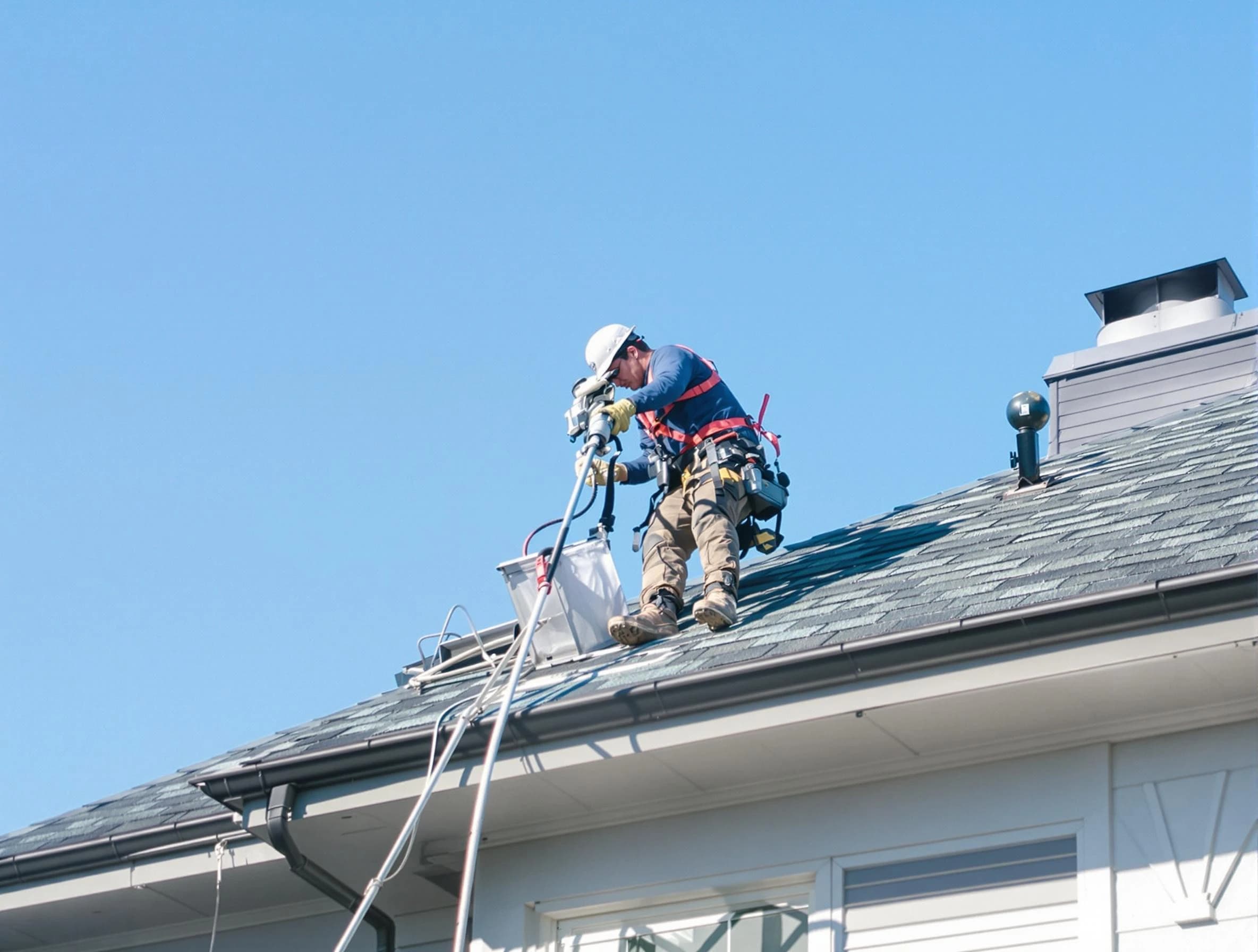 Fullerton Dryer Vent Cleaning certified technician cleaning a roof-mounted dryer vent system in Fullerton