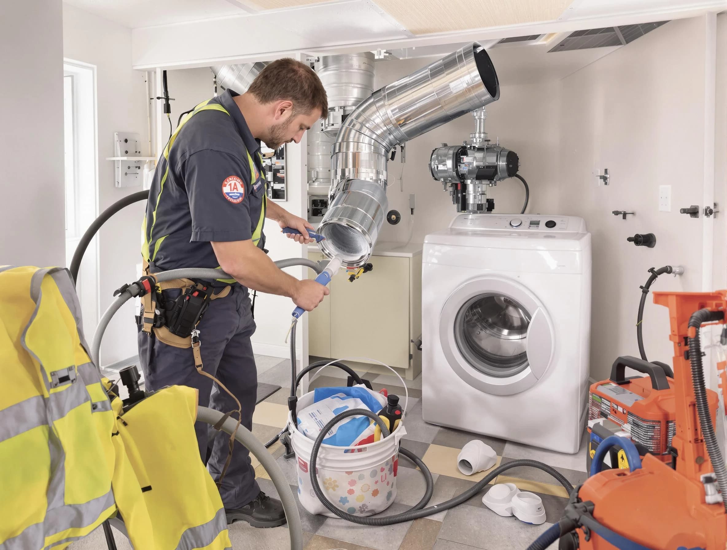 Fullerton Dryer Vent Cleaning technician using specialized equipment to clear severe dryer vent blockage in Fullerton