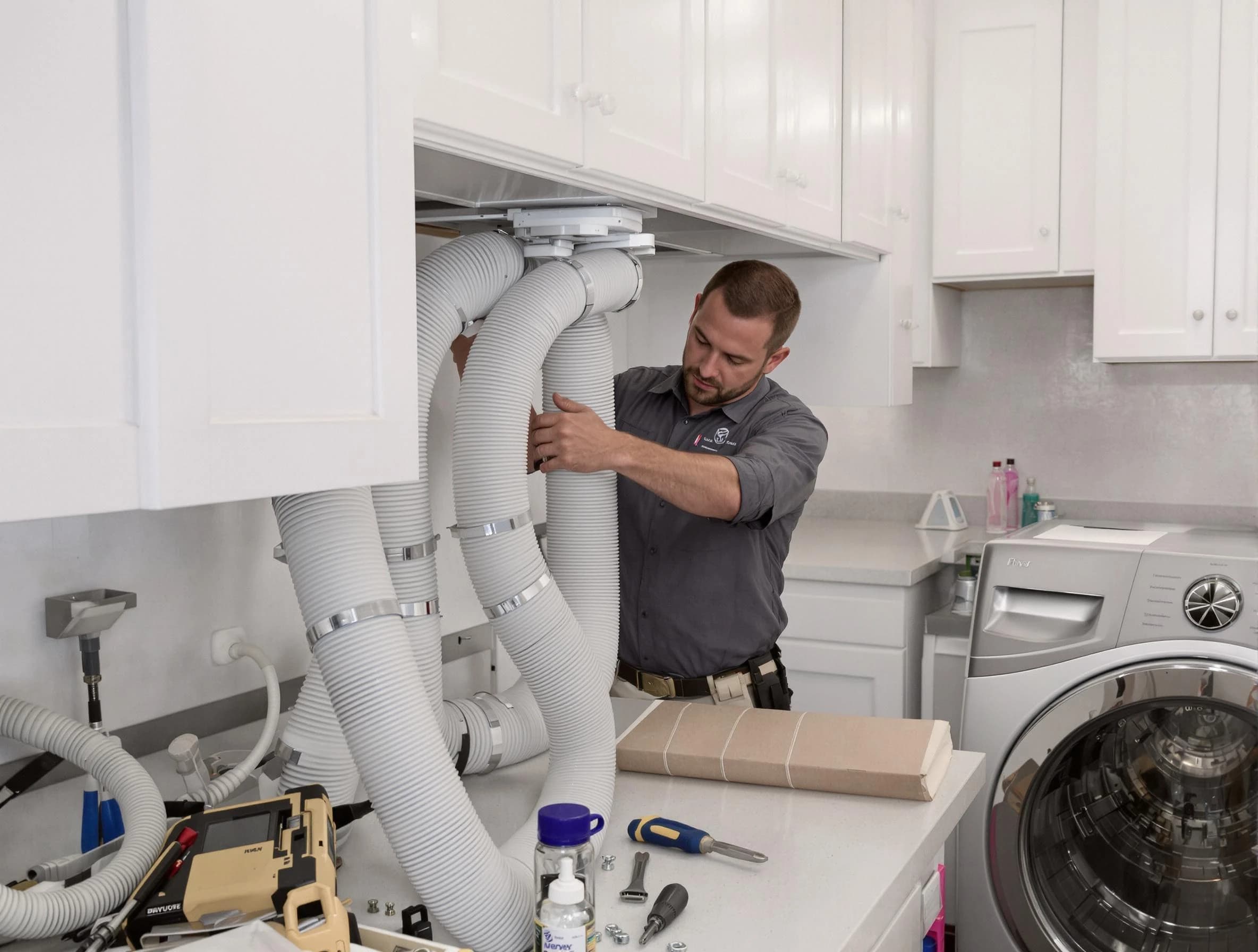 Fullerton Dryer Vent Cleaning technician installing a new professional-grade dryer vent hose in Fullerton