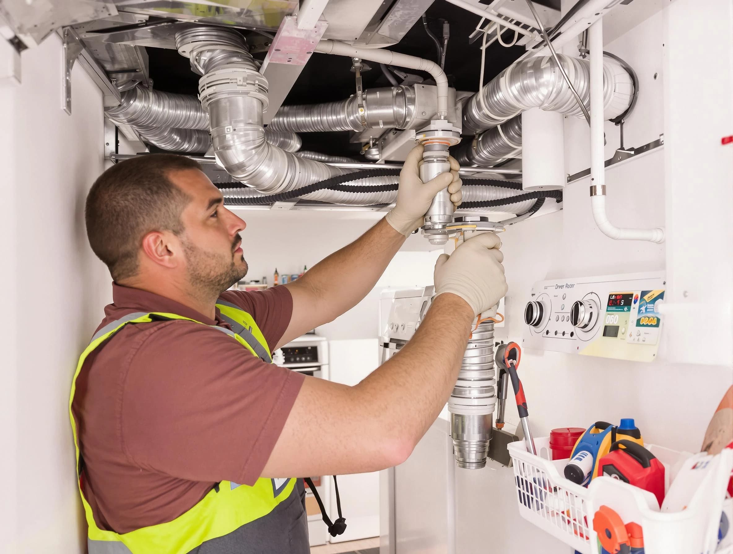 Fullerton Dryer Vent Cleaning expert performing both repair and installation work on a dryer vent system in Fullerton