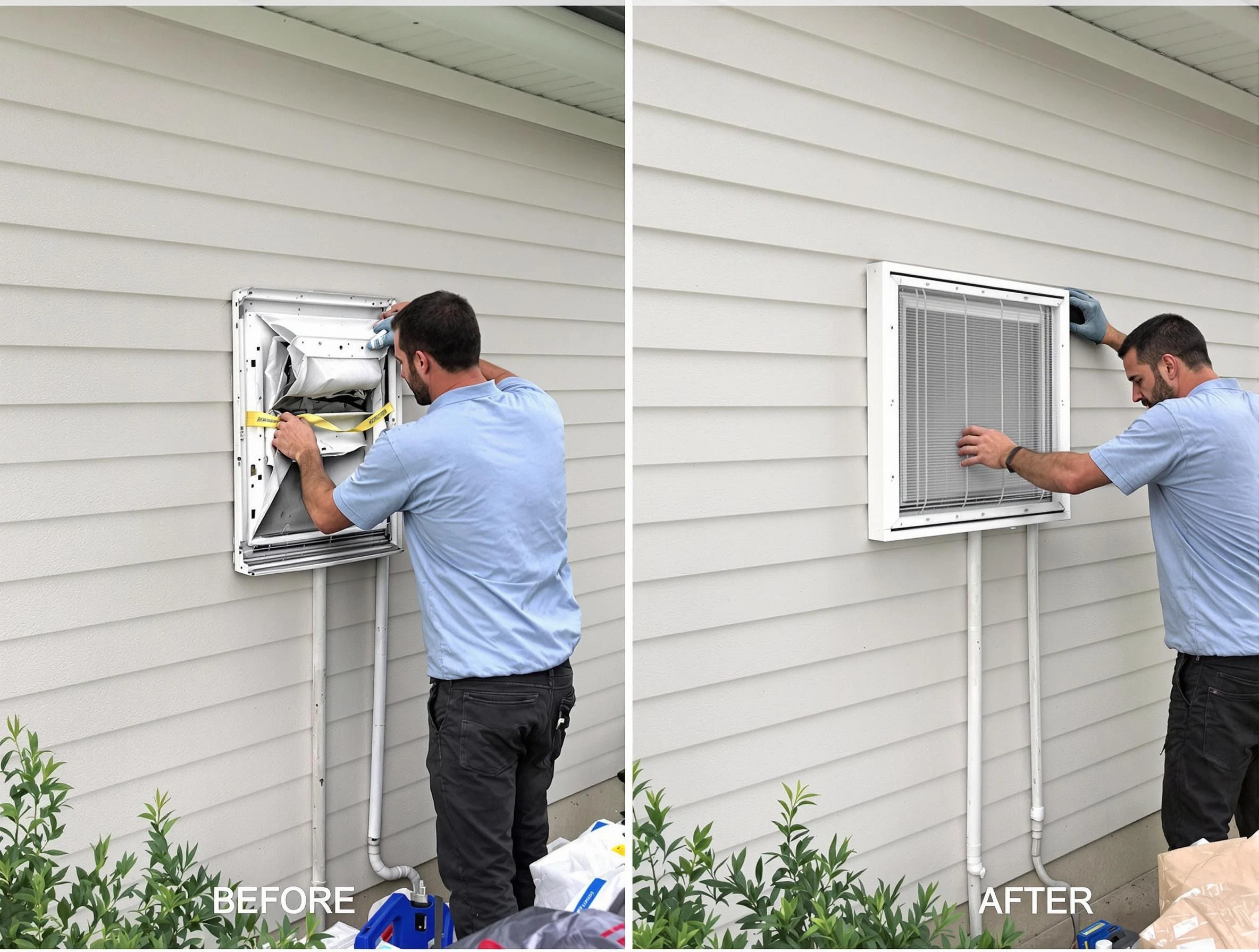 Fullerton Dryer Vent Cleaning technician installing high-quality dryer vent cover at a residential property in Fullerton